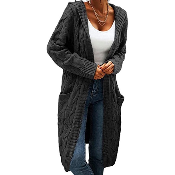 Hooded Open Front Cardigan Cable Knit Sweater Solid Chunky Black - Picture 1 of 5